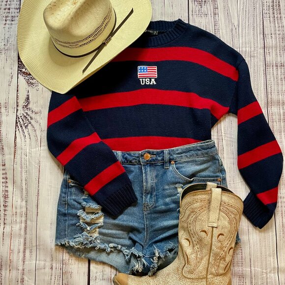USA Sweater | Red + Navy Flag Stripe Crochet/Knit | S - Picture 5 of 5